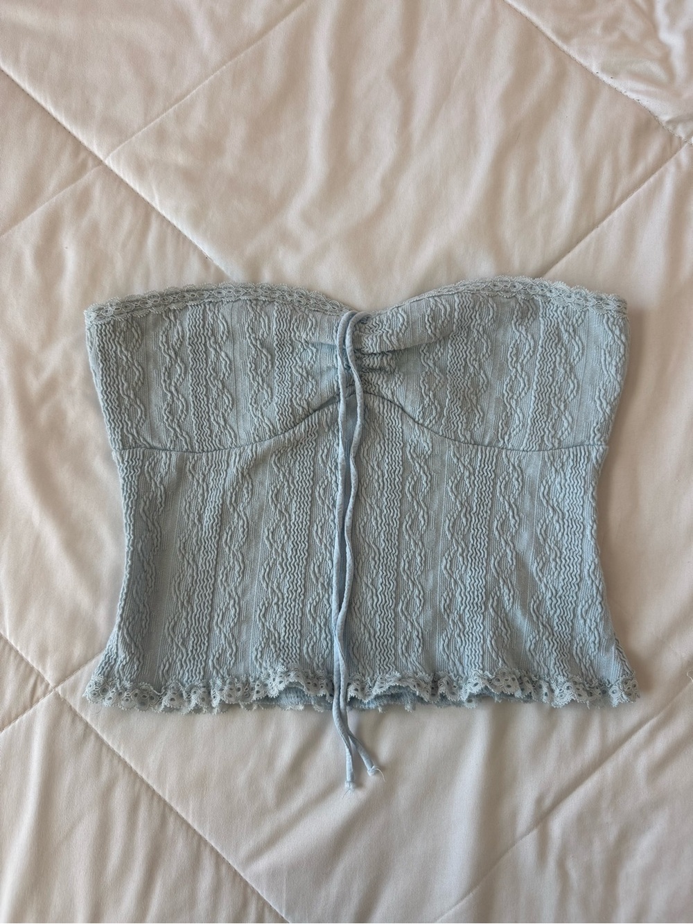 Edikted Light Blue Lace-Trim Strapless Tie-Front Crop Top